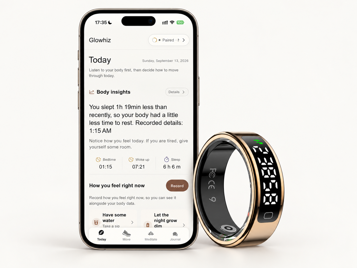 Glowhiz Today screen beside a Glowhiz smart ring