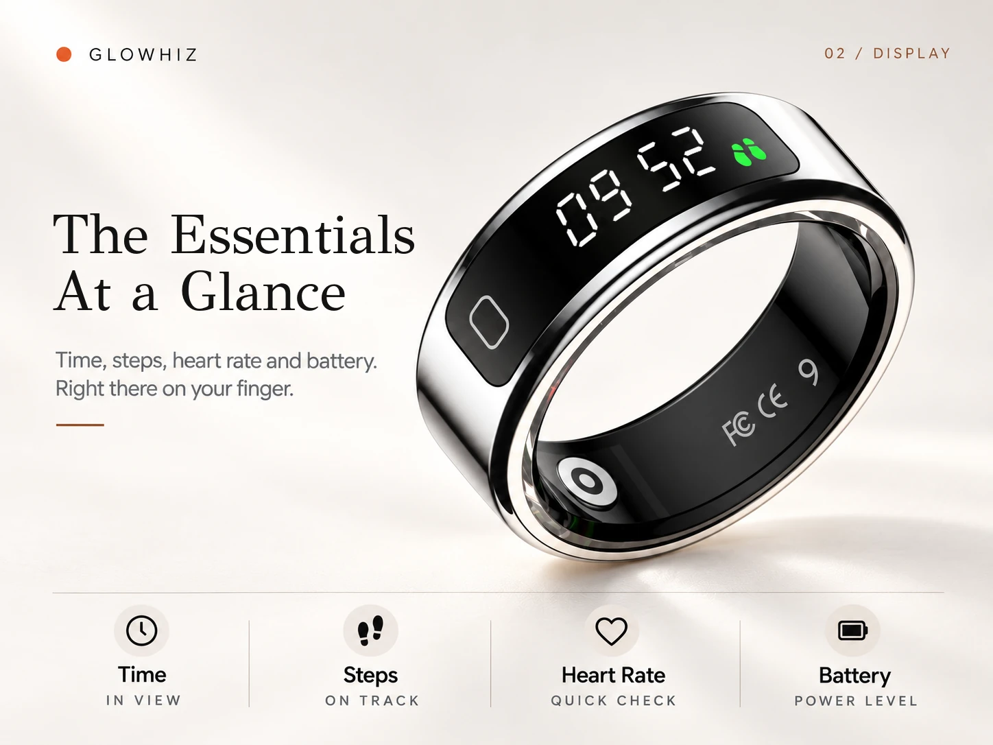 Glowhiz ring display for time, steps, heart rate and battery