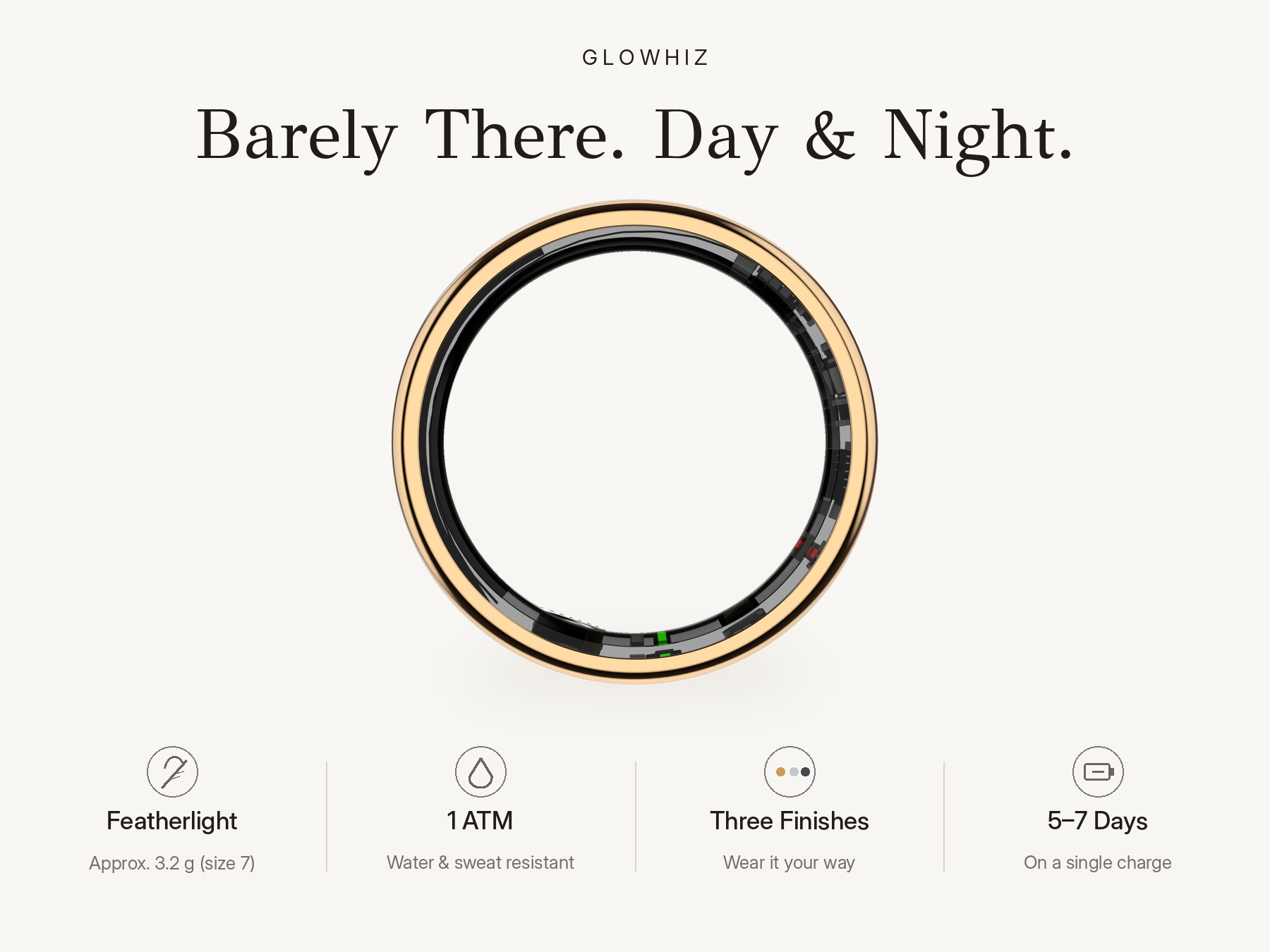 Glowhiz ring with a lightweight design, water and sweat resistance, three finishes and 5–7 days of battery life