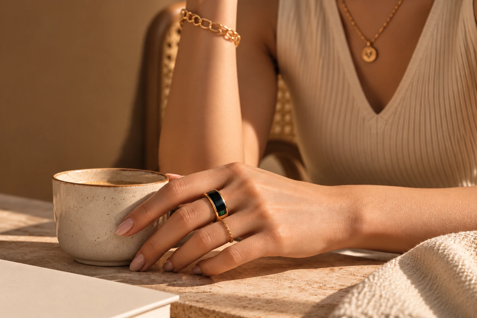 Glowhiz ring worn with everyday jewellery during a quiet coffee moment