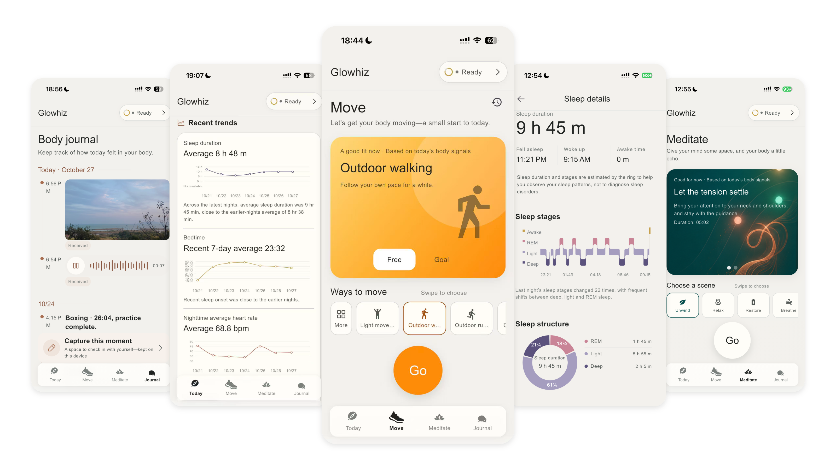 Five Glowhiz app screens: Body Journal, recent trends, Move, sleep details and Meditate