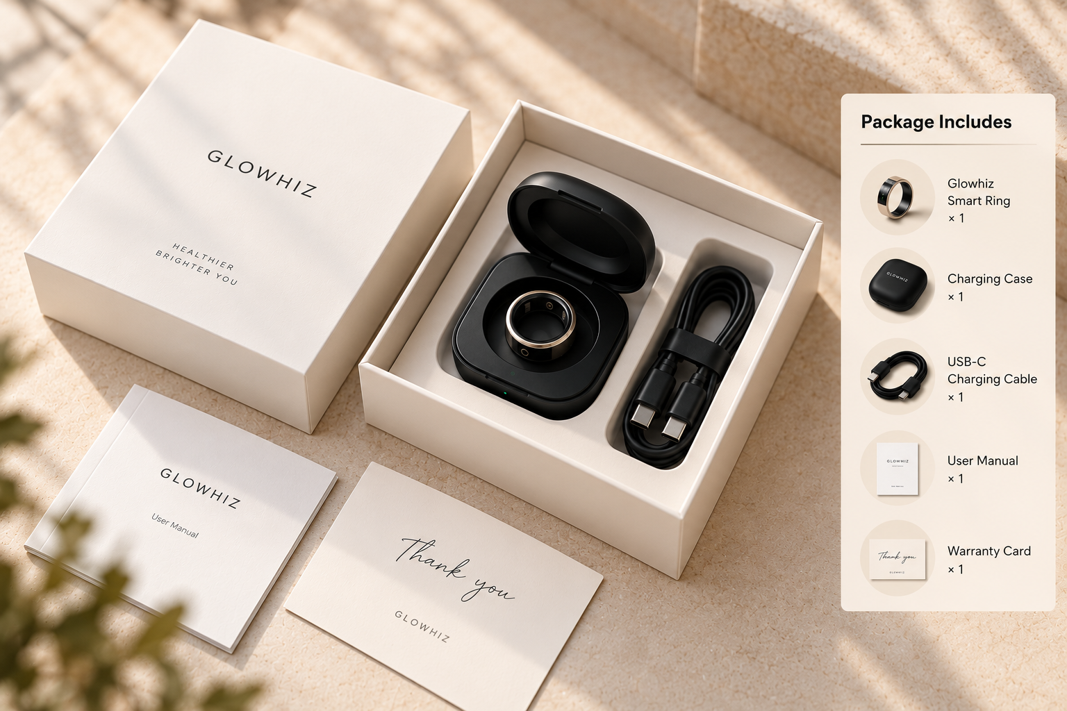 Glowhiz package with ring, charging case, USB-C cable, user manual and warranty card