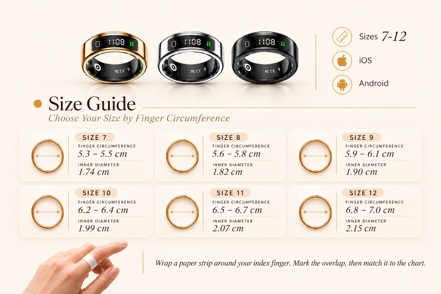 Glowhiz size chart for sizes 7–12, with finger circumference and ring diameter